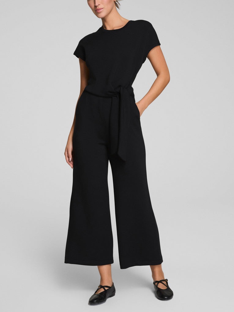 Spanx Airessentials Tie Waist Jumpsuit Wide Leg Crop Soft Modal In Black Size L